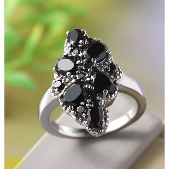 Thai Black Spinel and Simulated Black Diamond 2.80 ctw Ring in Stainless Steel 8 - Picture 2 of 6